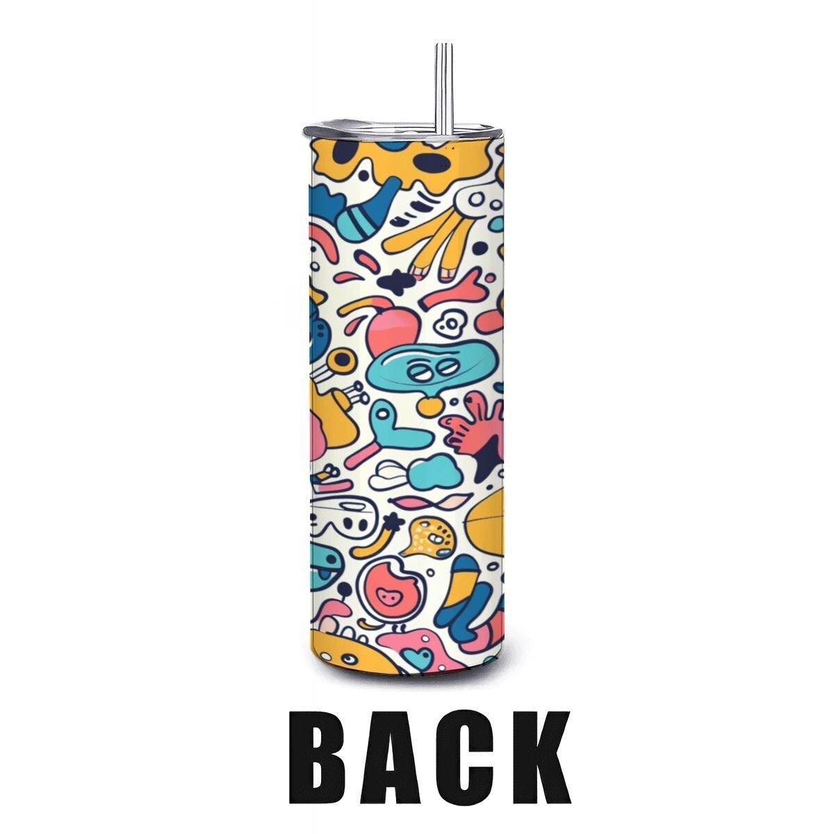 ColorFlow | Whimsical Cartoon Doodle Tumbler | 20oz Stainless Steel Tumbler with Straw | Playful Colorful Art Mug