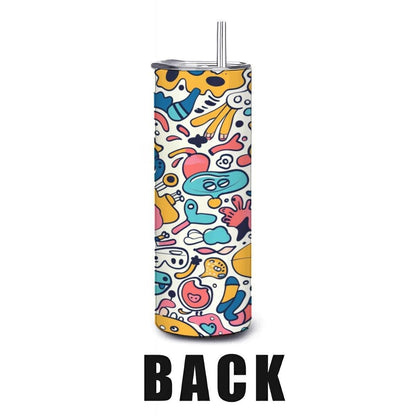 ColorFlow | Whimsical Cartoon Doodle Tumbler | 20oz Stainless Steel Tumbler with Straw | Playful Colorful Art Mug