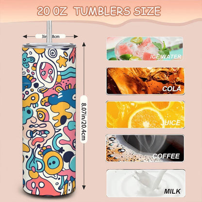 ColorFlow | Whimsical Cartoon Doodle Tumbler | 20oz Stainless Steel Tumbler with Straw | Playful Colorful Art Mug
