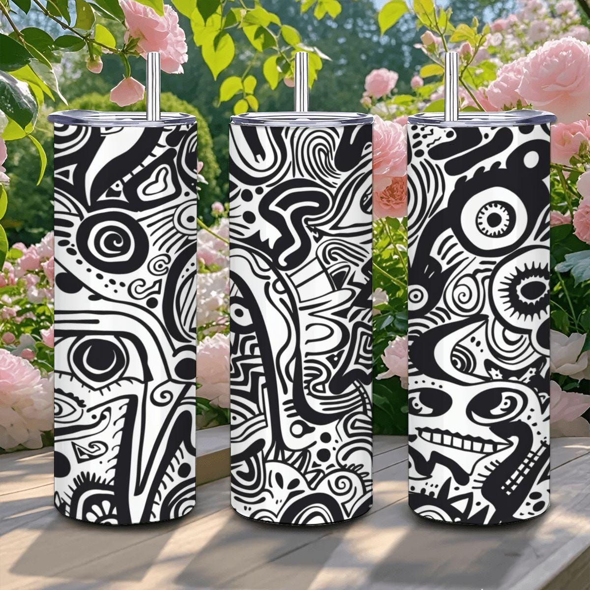 ColorFlow | Surreal Eyes Abstract Tumbler | 20oz Stainless Steel Tumbler with Straw | Black White Modern Art Mug