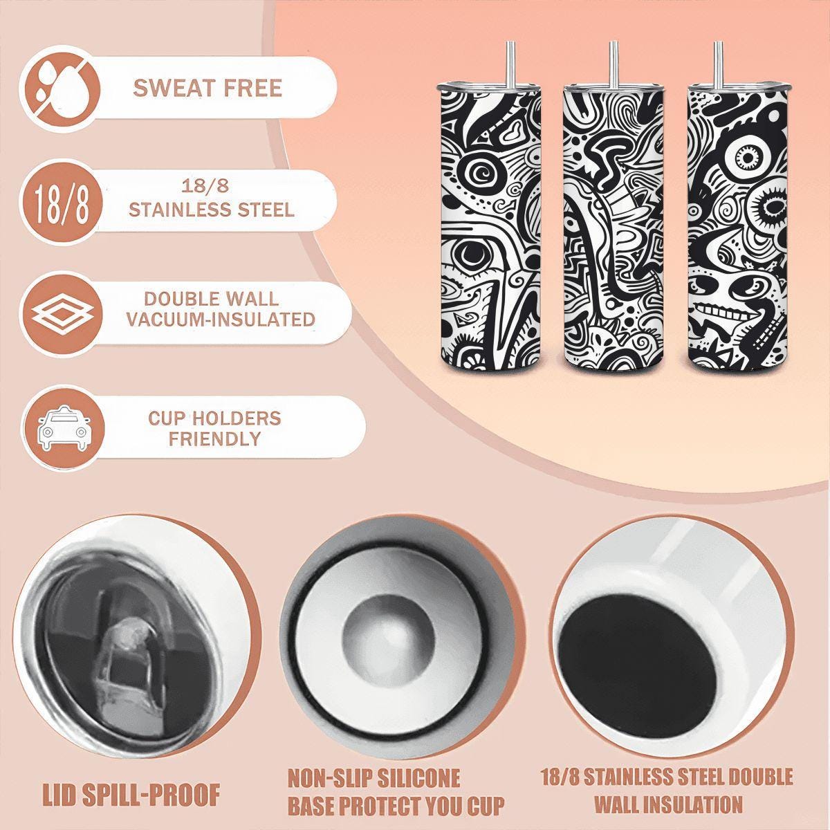 ColorFlow | Surreal Eyes Abstract Tumbler | 20oz Stainless Steel Tumbler with Straw | Black White Modern Art Mug