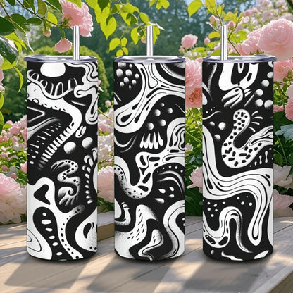 ColorFlow | Monochrome Organic Abstract Tumbler | 20oz Stainless Steel Tumbler with Straw | Black White Modern Art Cup