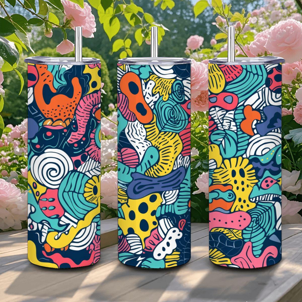 ColorFlow | Vivid Abstract Doodle Tumbler | 20oz Stainless Steel Tumbler with Straw | Colorful Artistic Travel Cup