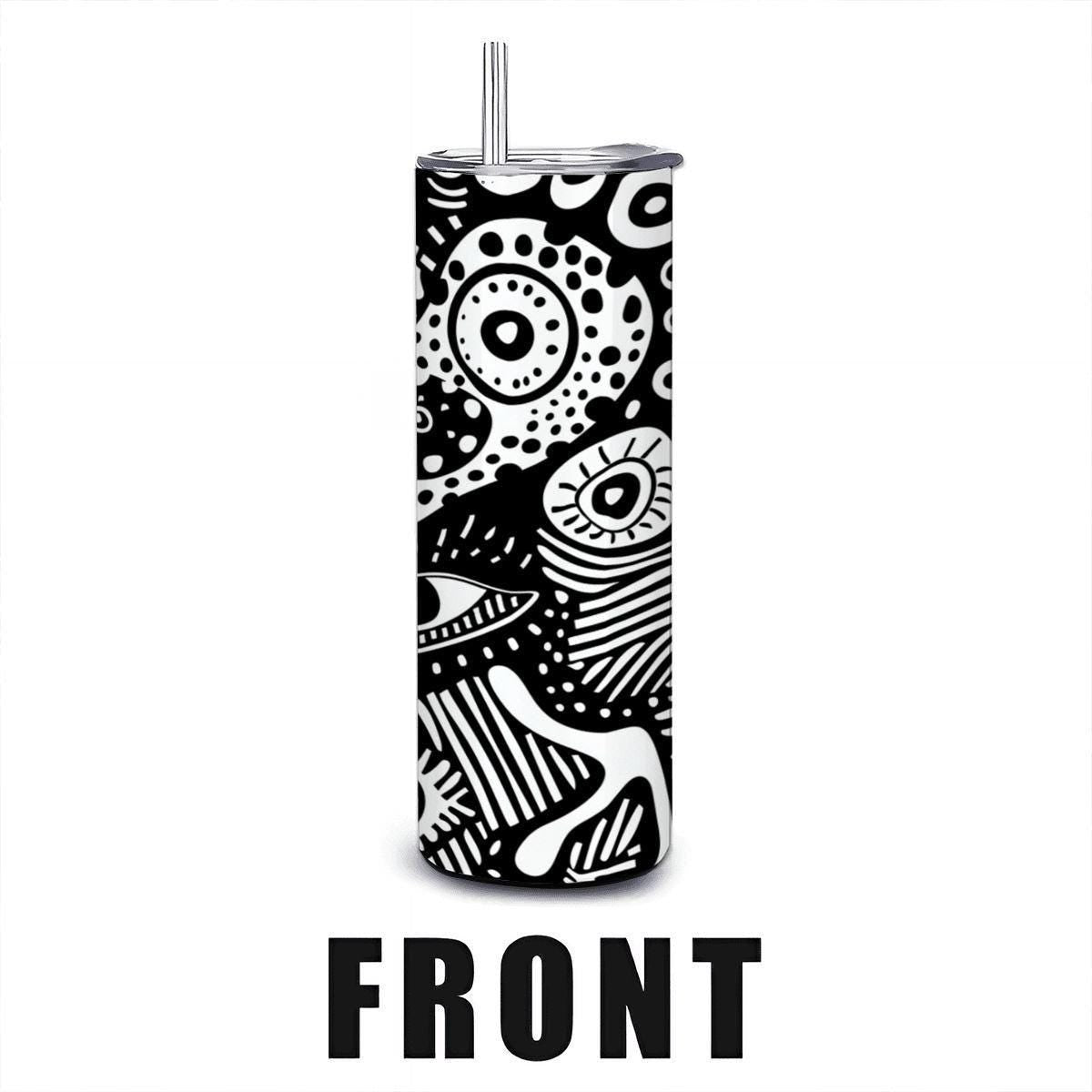 ColorFlow | Surreal Doodle Faces Tumbler | 20oz Stainless Steel Tumbler with Straw | Black White Abstract Art Mug
