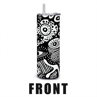 ColorFlow | Surreal Doodle Faces Tumbler | 20oz Stainless Steel Tumbler with Straw | Black White Abstract Art Mug