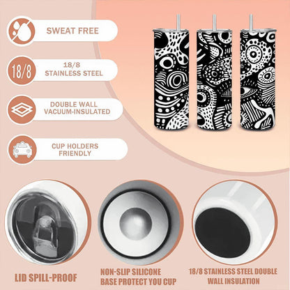 ColorFlow | Surreal Doodle Faces Tumbler | 20oz Stainless Steel Tumbler with Straw | Black White Abstract Art Mug