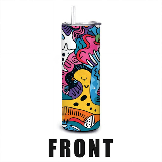 ColorFlow | Vibrant Playful Creatures Tumbler | 20oz Stainless Steel Tumbler with Straw | Colorful Abstract Art Mug