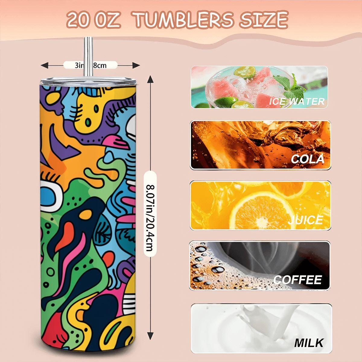 ColorFlow | Vibrant Playful Creatures Tumbler | 20oz Stainless Steel Tumbler with Straw | Colorful Abstract Art Mug