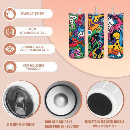 ColorFlow | Vibrant Playful Creatures Tumbler | 20oz Stainless Steel Tumbler with Straw | Colorful Abstract Art Mug