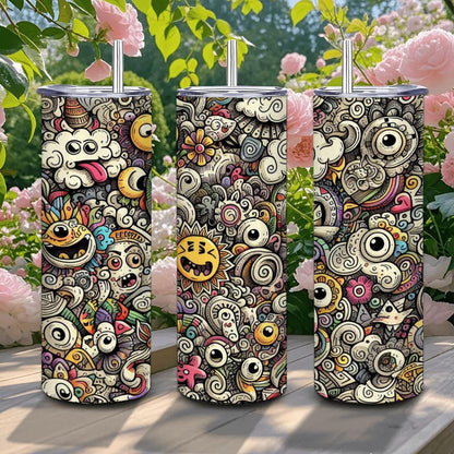 ColorFlow | Playful Emoji Doodle Tumbler | 20oz Stainless Steel Tumbler with Straw | Fun Cartoon Cloud Doodle Mug