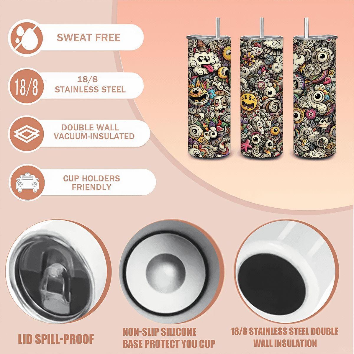 ColorFlow | Playful Emoji Doodle Tumbler | 20oz Stainless Steel Tumbler with Straw | Fun Cartoon Cloud Doodle Mug