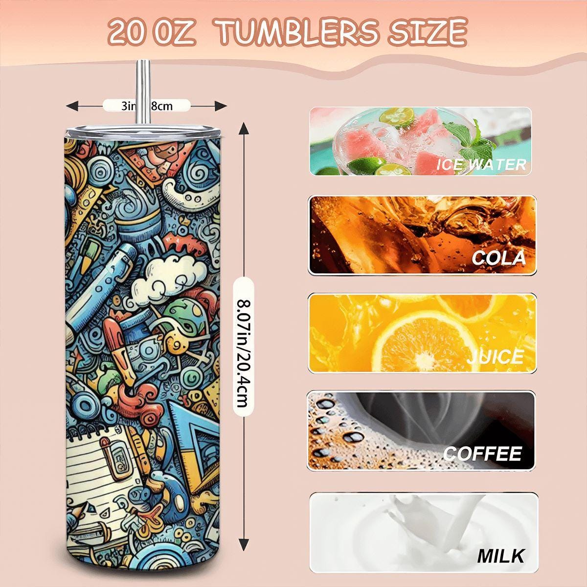 ColorFlow | Back to School Doodle Tumbler | 20oz Stainless Steel Tumbler with Straw | Classroom Teacher Gift Mug