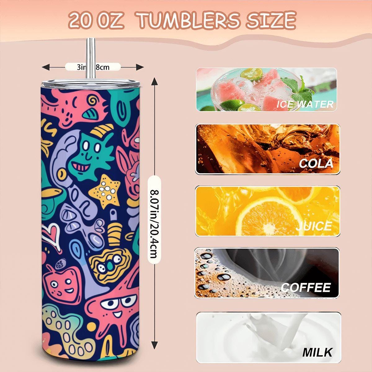 ColorFlow | Cute Doodle Creatures Tumbler | 20oz Stainless Steel Tumbler with Straw | Fun Cartoon Art Mug