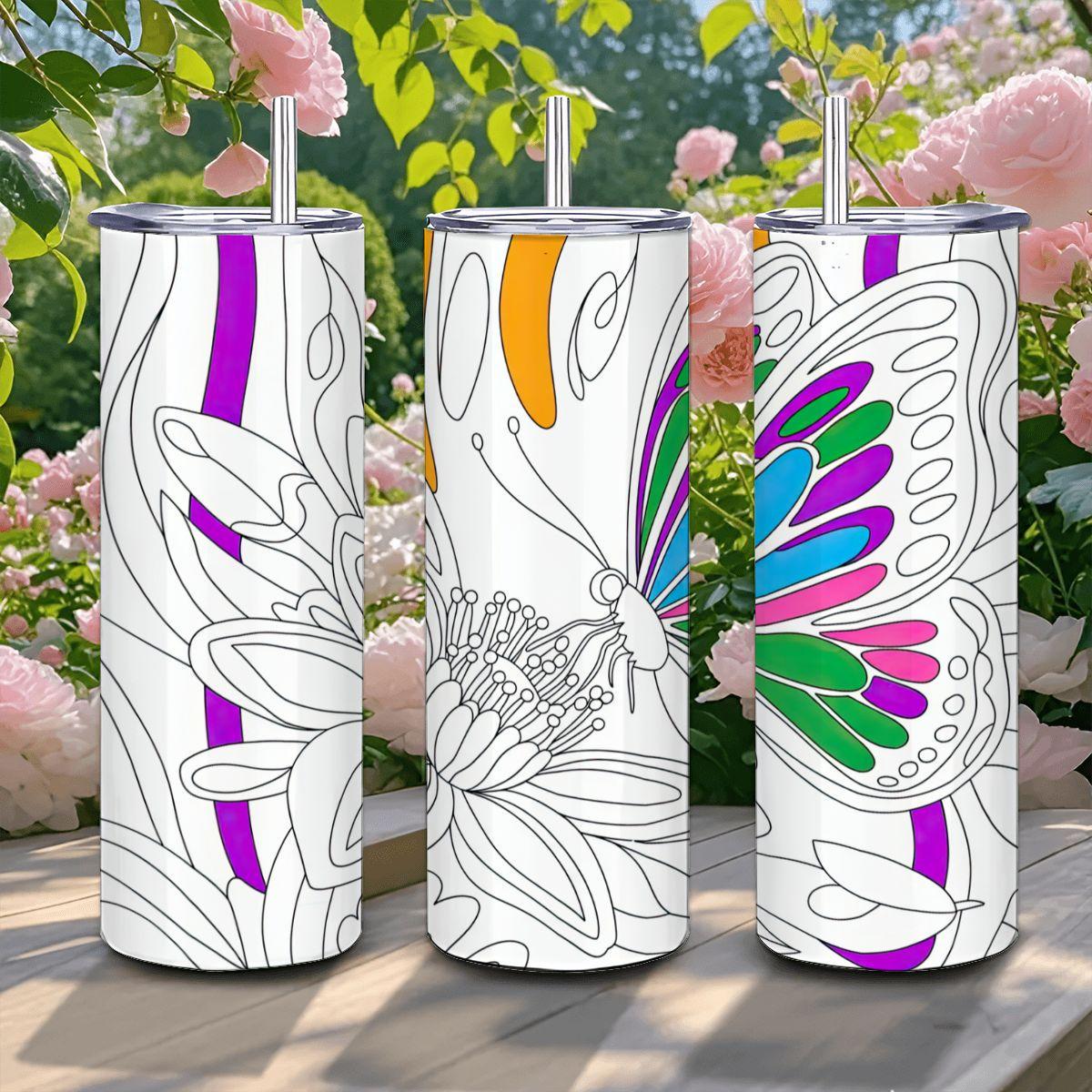 ColorFlow | Butterfly Garden 20oz Stainless Steel Tumbler with Straw | Floral Art Insulated Travel Mug | Eco Reusable Cup