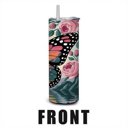 ColorFlow | Sunset Monarch 20oz Stainless Steel Tumbler with Straw | Floral Butterfly Insulated Travel Mug | Art Reusable Cup