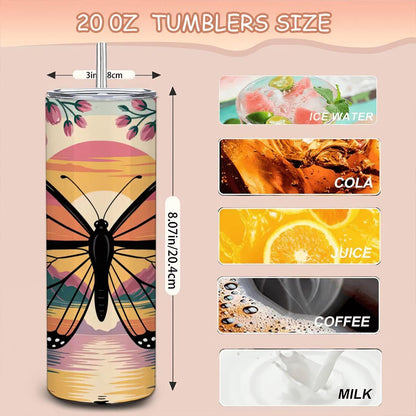 ColorFlow | Sunset Monarch 20oz Stainless Steel Tumbler with Straw | Floral Butterfly Insulated Travel Mug | Art Reusable Cup
