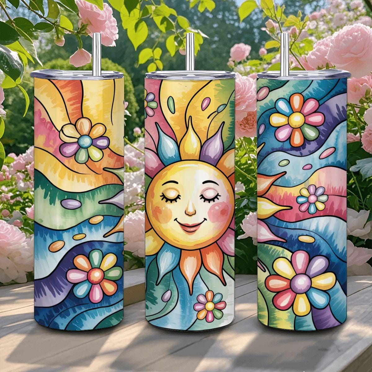 ColorFlow | Sunshine Bloom 20oz Stainless Steel Tumbler with Straw | Happy Sun Rainbow Art Travel Mug | Floral Reusable Cup