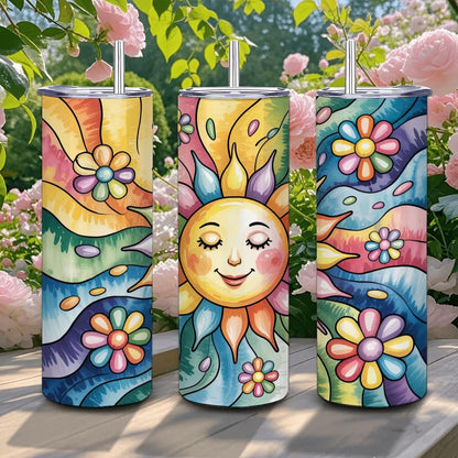 ColorFlow | Sunshine Bloom 20oz Stainless Steel Tumbler with Straw | Happy Sun Rainbow Art Travel Mug | Floral Reusable Cup