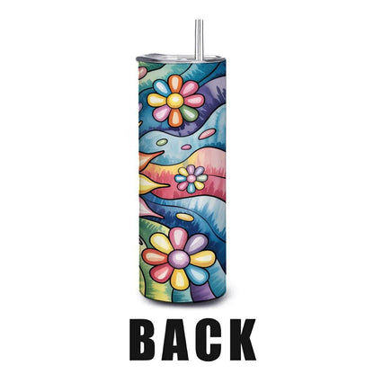 ColorFlow | Sunshine Bloom 20oz Stainless Steel Tumbler with Straw | Happy Sun Rainbow Art Travel Mug | Floral Reusable Cup