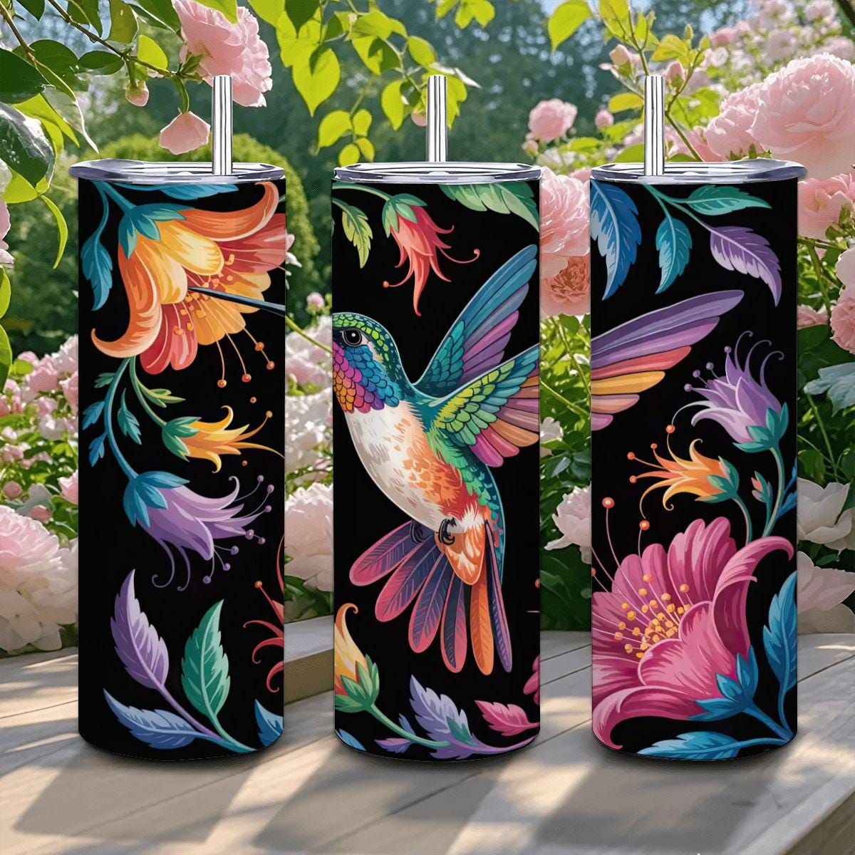 ColorFlow | Hummingbird Blossom 20oz Stainless Steel Tumbler with Straw | Colorful Floral Art Travel Mug | Reusable Cup