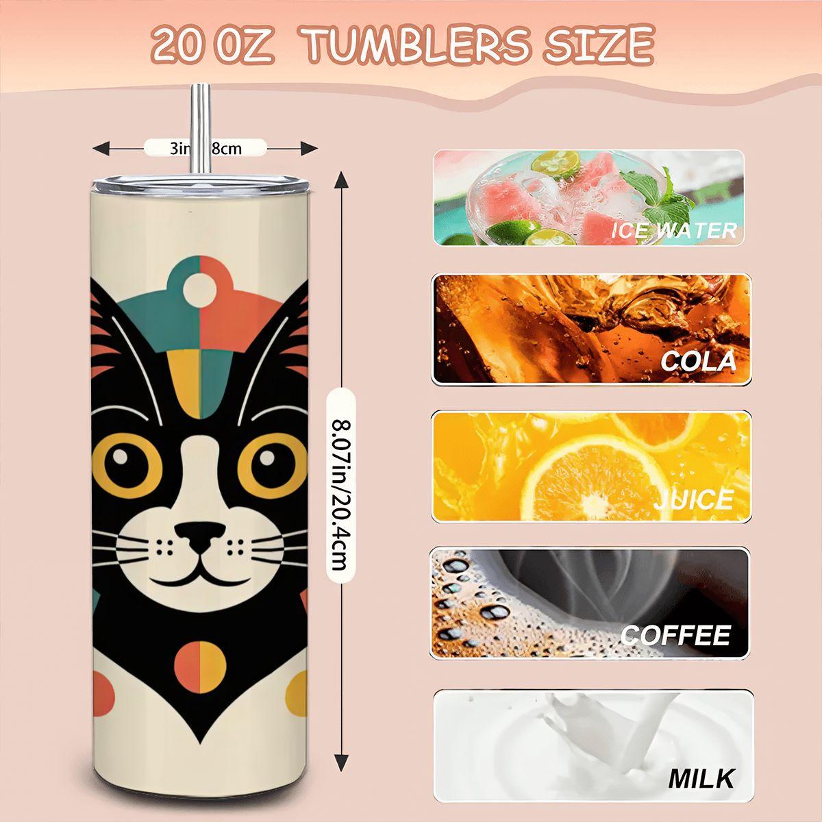 ColorFlow | Geometric Cat 20oz Stainless Steel Tumbler with Straw | Modern Cat Art Mug | Cute Animal Lover Reusable Cup