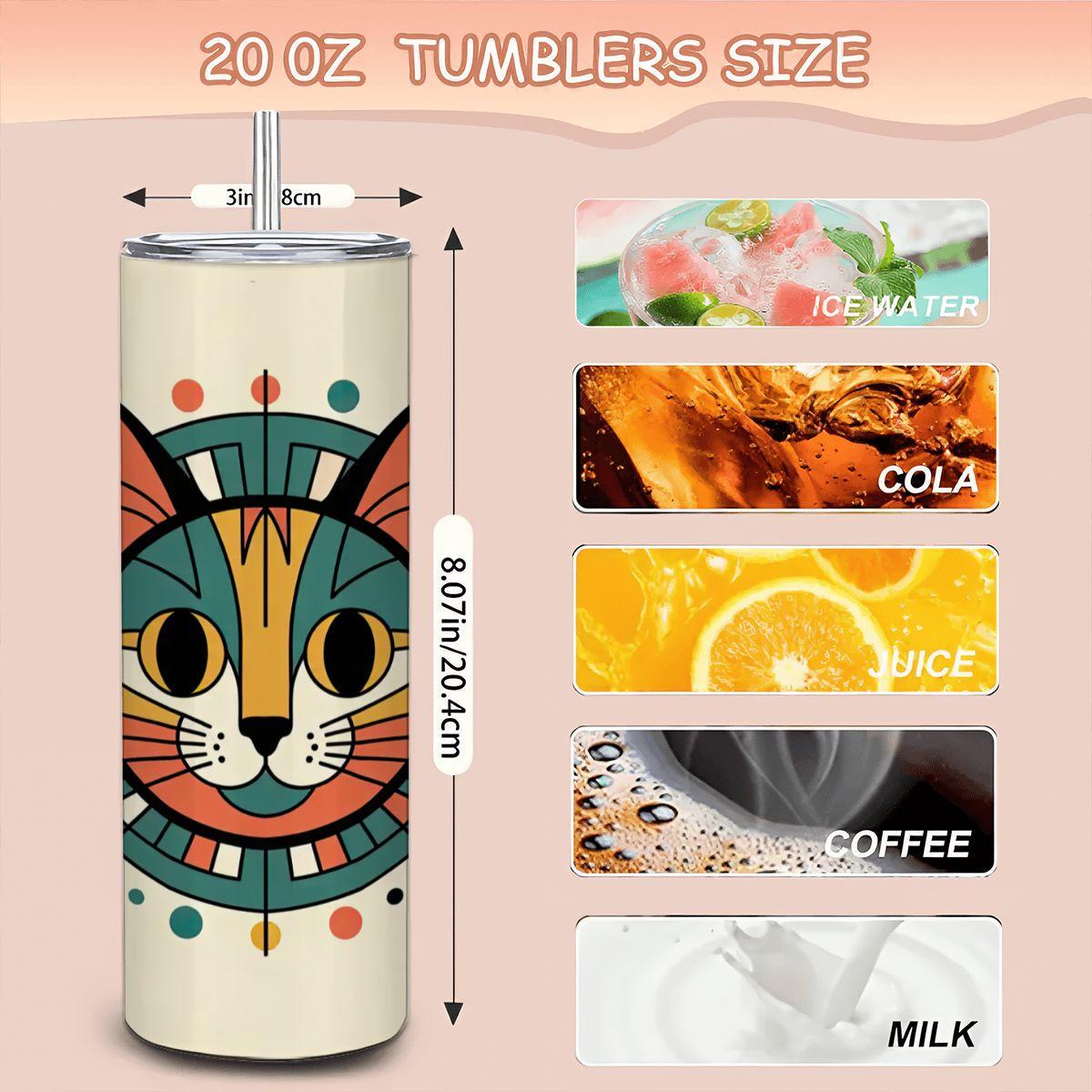 ColorFlow | Modern Orange Cat 20oz Stainless Steel Tumbler with Straw | Abstract Cat Art Mug | Cute Animal Reusable Cup
