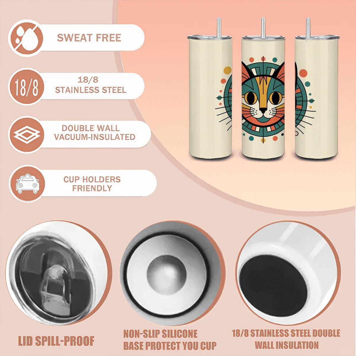 ColorFlow | Modern Orange Cat 20oz Stainless Steel Tumbler with Straw | Abstract Cat Art Mug | Cute Animal Reusable Cup