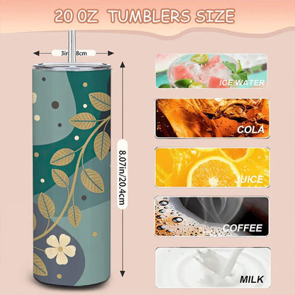 ColorFlow | Modern Botanical Floral 20oz Stainless Steel Tumbler with Straw | Teal Flower Art Travel Mug | Reusable Cup