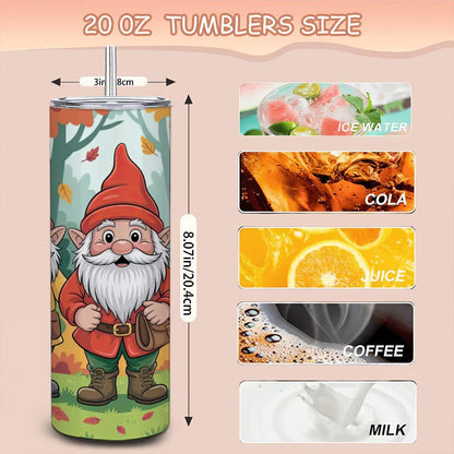 ColorFlow | Autumn Gnomes 20oz Stainless Steel Tumbler with Straw | Fall Forest Art Mug | Whimsical Reusable Cup