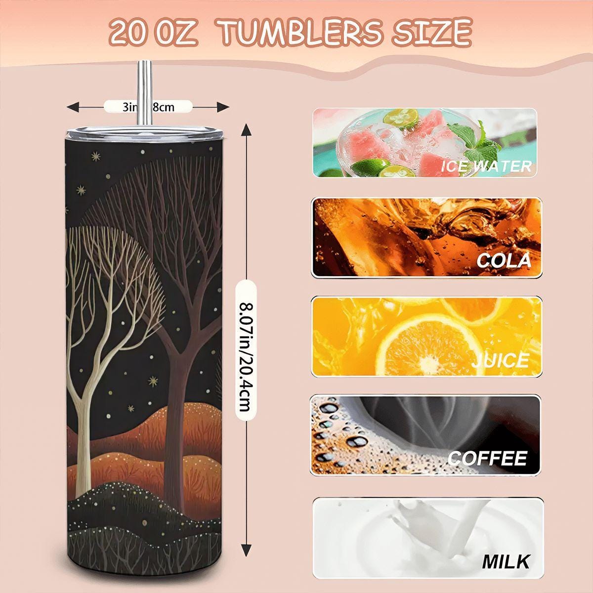 ColorFlow | Midnight Enchanted Forest Tumbler | 20oz Stainless Steel Insulated Travel Mug with Straw | Nature Starry Night Cup