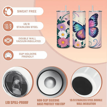 ColorFlow | Dreamscape Butterfly Garden Tumbler | 20oz Stainless Steel Insulated Mug with Straw | Floral Art Travel Cup