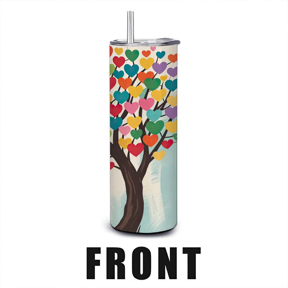 ColorFlow | Heartful Harmony Tree Tumbler | 20oz Stainless Steel Insulated Mug with Straw | Colorful Love Art Travel Cup