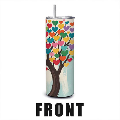ColorFlow | Heartful Harmony Tree Tumbler | 20oz Stainless Steel Insulated Mug with Straw | Colorful Love Art Travel Cup
