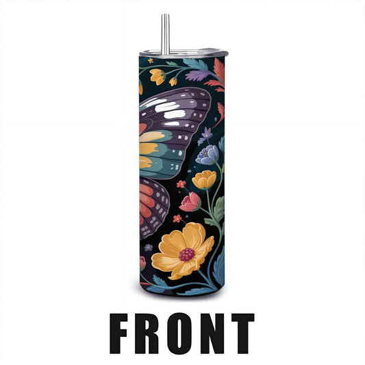 ColorFlow | Moonlit Midnight Butterfly Tumbler | 20oz Stainless Steel Floral Travel Mug with Straw | Night Garden Art Cup
