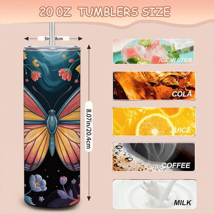 ColorFlow | Moonlit Midnight Butterfly Tumbler | 20oz Stainless Steel Floral Travel Mug with Straw | Night Garden Art Cup