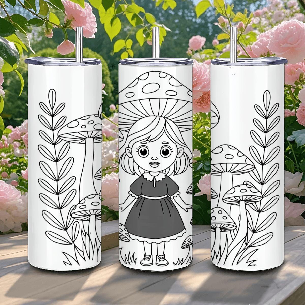 ColorFlow | Enchanted Mushroom Girl Tumbler | 20oz Stainless Steel Whimsical Mug with Straw | Fairy Forest Art Travel Cup