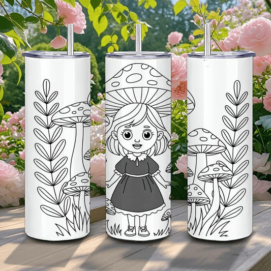 ColorFlow | Enchanted Mushroom Girl Tumbler | 20oz Stainless Steel Whimsical Mug with Straw | Fairy Forest Art Travel Cup