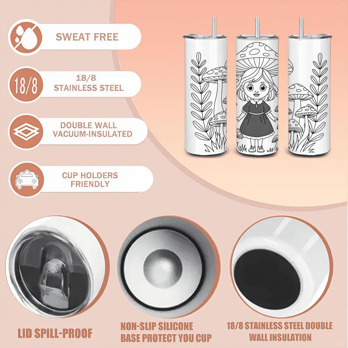 ColorFlow | Enchanted Mushroom Girl Tumbler | 20oz Stainless Steel Whimsical Mug with Straw | Fairy Forest Art Travel Cup