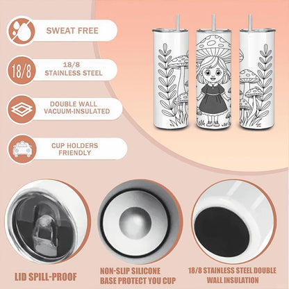 ColorFlow | Enchanted Mushroom Girl Tumbler | 20oz Stainless Steel Whimsical Mug with Straw | Fairy Forest Art Travel Cup