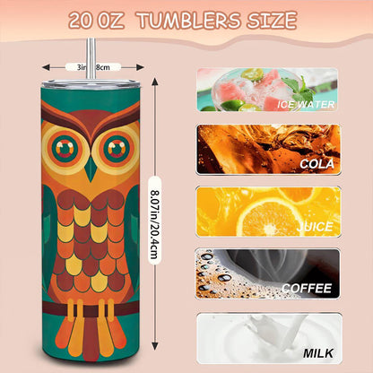 ColorFlow | Retro Owl Art 20oz Stainless Steel Tumbler with Straw | Insulated Travel Mug | Hot Cold Drinks | Unique Gift