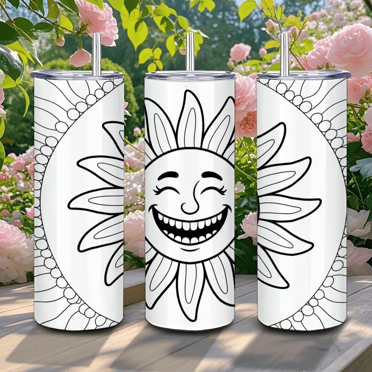 ColorFlow | Smiling Sun Art 20oz Stainless Steel Tumbler with Straw | Positive Vibes Mug | Insulated Hot Cold Cup Gift