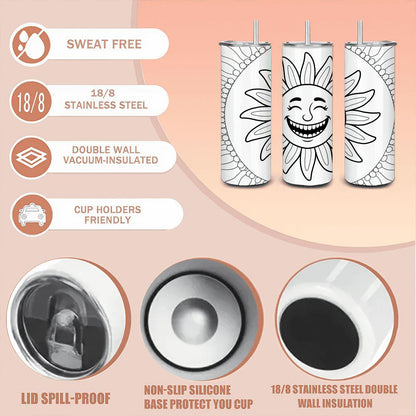 ColorFlow | Smiling Sun Art 20oz Stainless Steel Tumbler with Straw | Positive Vibes Mug | Insulated Hot Cold Cup Gift