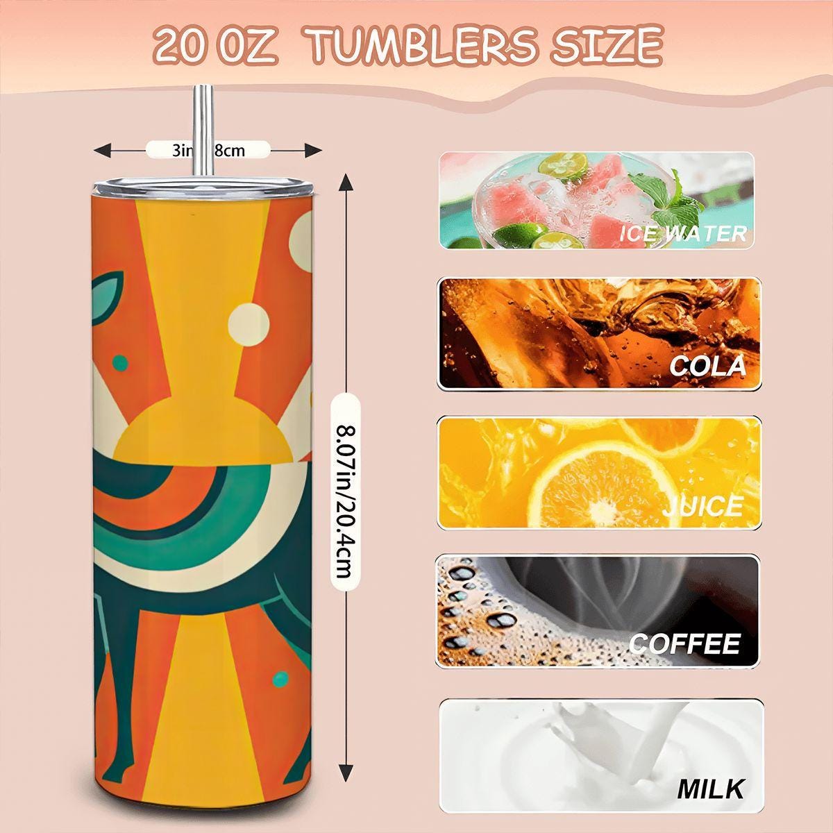ColorFlow | Retro Sunrise Deer 20oz Stainless Steel Tumbler with Straw | Midcentury Art Mug | Insulated Travel Gift Cup
