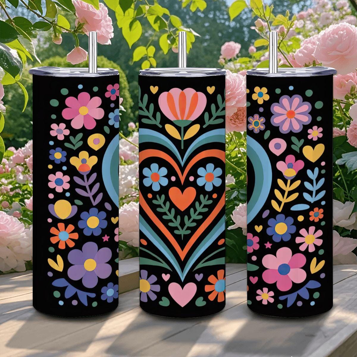 ColorFlow | Folk Art Heart & Flowers 20oz Stainless Steel Tumbler with Straw | Colorful Floral Mug | Insulated Gift Cup