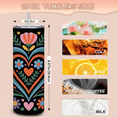 ColorFlow | Folk Art Heart & Flowers 20oz Stainless Steel Tumbler with Straw | Colorful Floral Mug | Insulated Gift Cup