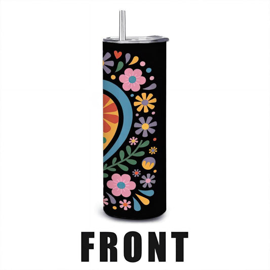 ColorFlow | Golden Heart Folk Floral 20oz Stainless Steel Tumbler with Straw | Art Mug | Insulated Colorful Gift Cup