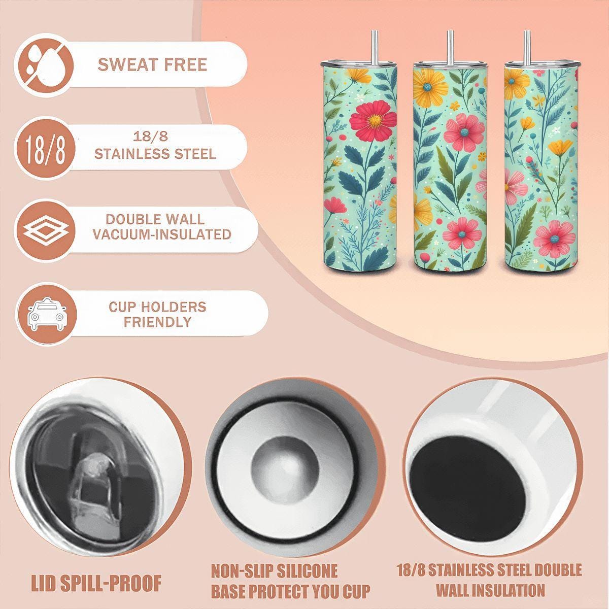 Wildflower 20oz Tumbler with Straw: Stainless Steel Insulated Cup