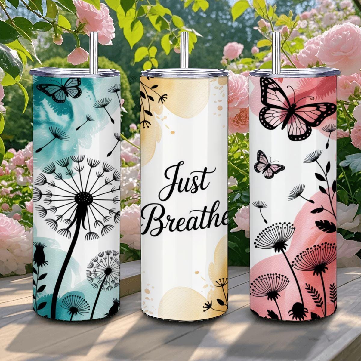 Butterfly Dandelion Tumbler: Stainless Steel Motivational Cup with Straw