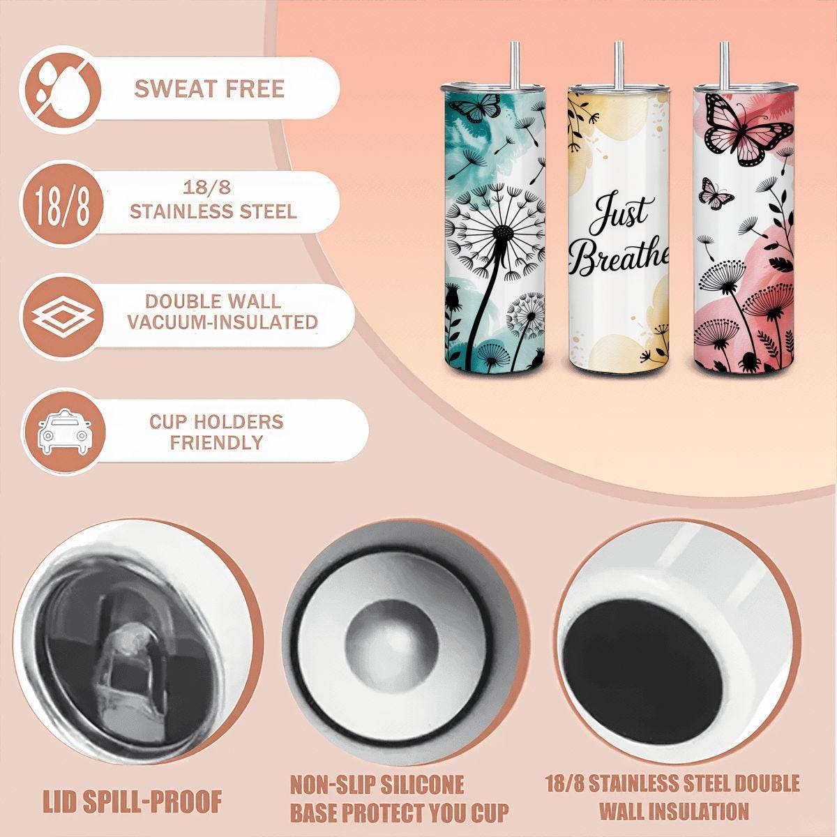 Butterfly Dandelion Tumbler: Stainless Steel Motivational Cup with Straw