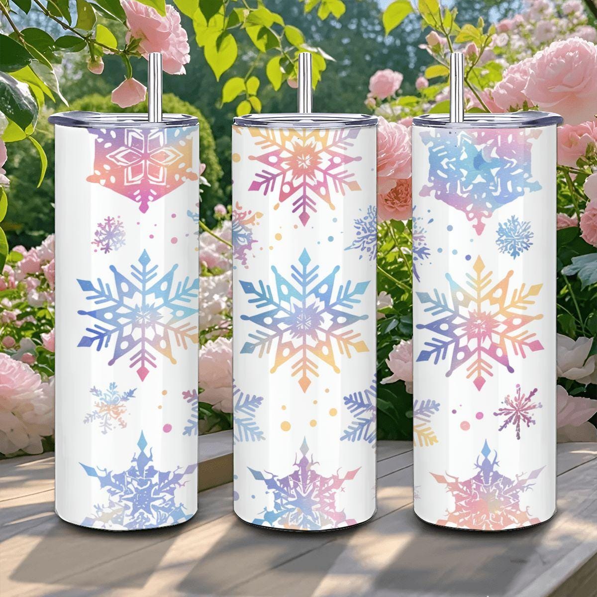 Pastel Rainbow Snowflake Tumbler: Insulated Stainless Steel Winter Cup